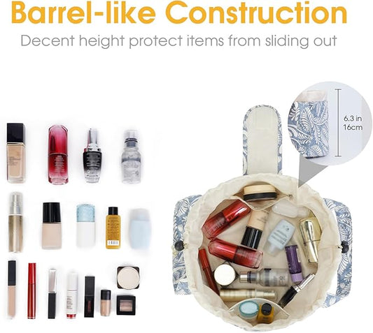 Barrel Drawstring Makeup Bag Large Cosmetic Bag Make up Bags Toiletry Organizer for Women (Blue Leaf) (Patent)