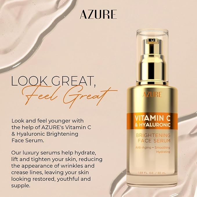 Azure Cosmetics Vitamin C Serum For Face - Dermatologist Tested, Anti-Aging with Hyaluronic Acid for Dark Spots, Fine Lines & Wrinkles - Brightning, Clean, Korean Skincare for Glass Skin - 2 Pack