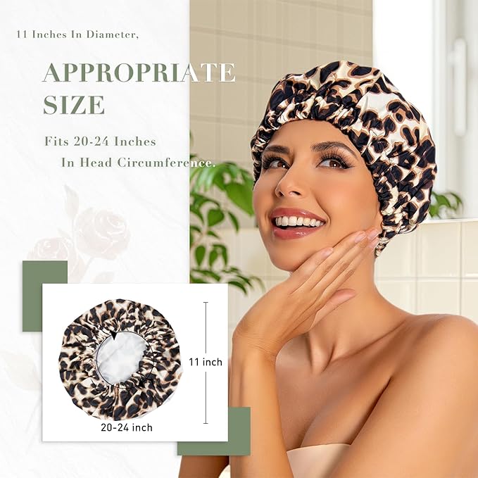 Reusable Shower Cap for Women, Large Waterproof Shower Essentials Bonnet Washable Elastic Band Bath Hair Wrap Hat for Long Hair, Braids(Leopard)