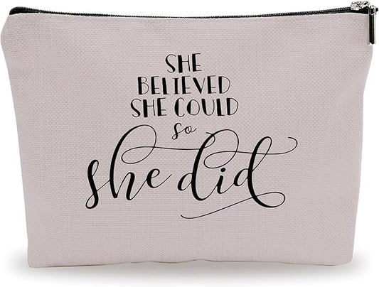 Minimalism Makeup Bag - She Believe She Could So She Did - Quotes Cosmetic Bag, Toiletry Bag Gift For Girls, Teen, Sister, Besties, Personal Care & Accessories(Warm Grey) - A05