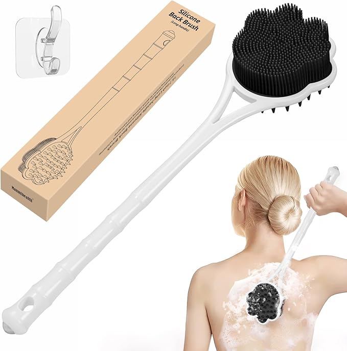 Manmihealth 15.7" Cute Silicone Back Scrubber with Long-Handle, Dual Use Back Brush for Shower with Super-Soft Silicone Bristles, Paw-Shaped Shower Body Scrubber for Sensitive Skin (Black)