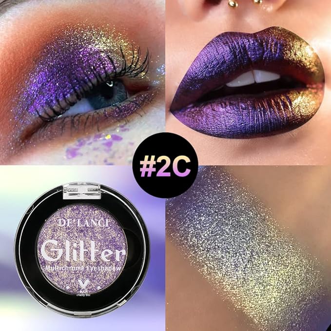 Afflano Purple-Gold Duo Chrome Multichrome Eyeshadow, Holographic Glitter, Color Change Sparkle Chameleon Luminizer Highlighter