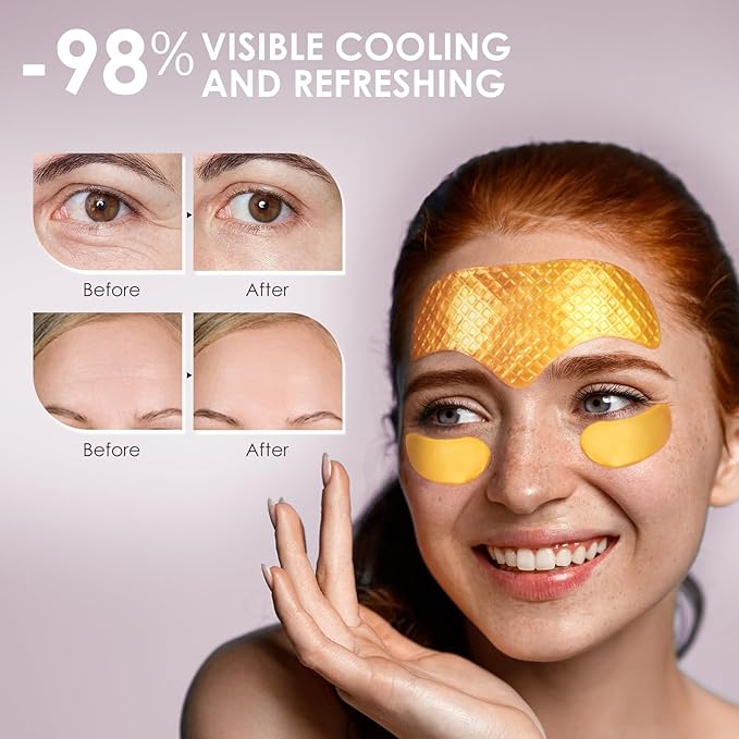 10PCS 24K Gold Forehead Anti Wrinkle Patches & 10Pair 24K Gold Eye Masks, Anti Wrinkle Patches with Collagen, Forehead Wrinkle Patches T-Zone Patch,Collagen Eye Patches for Puffiness and Dark Circles