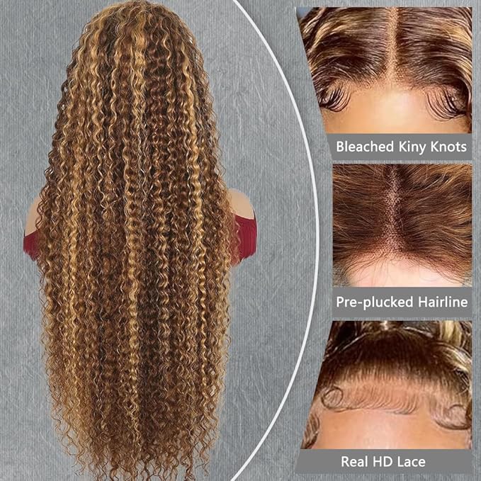 26inch Highlight Curly Lace Front Wigs Human Hair Balayage Brown Highlight 13X4 Deep Wave Wigs Human Hair Ombre Curly Wig #4/27 Colored Wigs for Women 180% Density