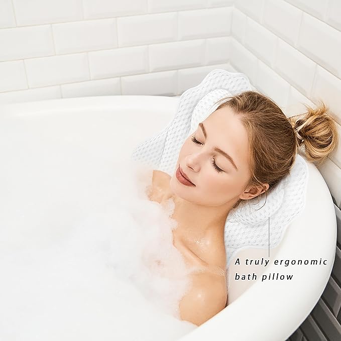 Bath Pillow, Ergonomic Luxury Bathtub Pillow for Tub Head,Neck, Shoulder and Back Support, Headrest with Soft 4D Mesh Fabric and 6 Strong Non-Slip Suction Cups, 2 Pack (White)