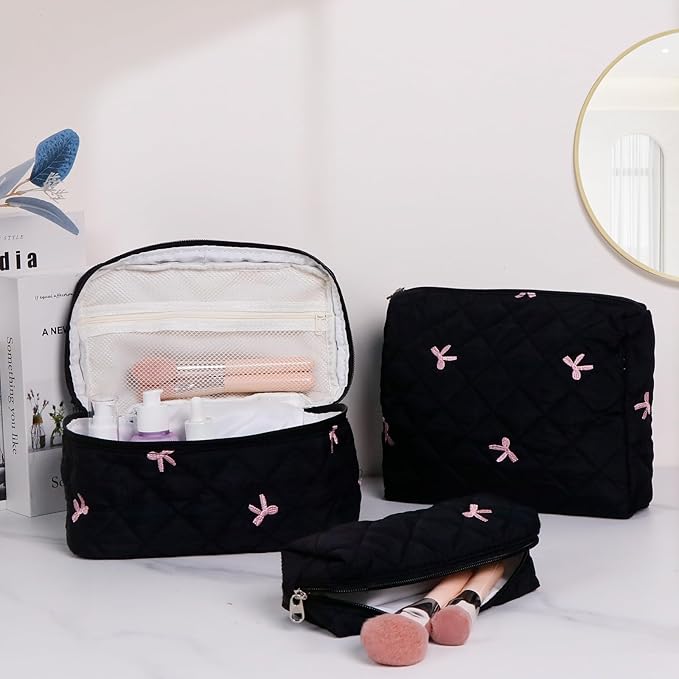 3Pcs Cotton Quilted Makeup Bag Set,Large Floral Cosmetic Bag，Aesthetic Toiletry Travel Makeup Bag Set and Cute Flower Bag for Women Girls (Black Pink Bow)