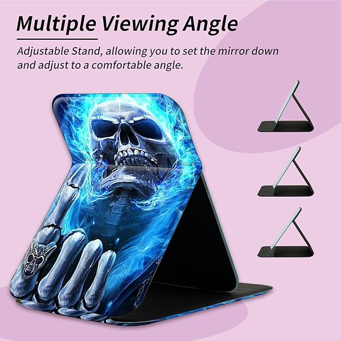 Blue Flame Skull Fingers Small Folding Travel Mirror Vanity Mirror 4.3"x2.75" PU Leather Portable Adjustable Rectangular Ultrathin Makeup Mirror,for Travel, Camping,Home