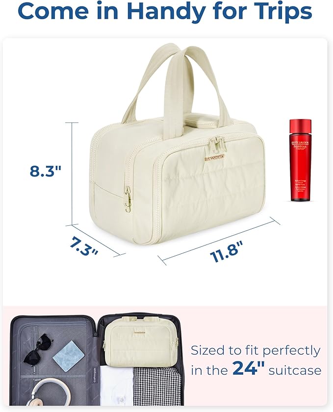 BAGSMART Travel Toiletry Bag, Lightweight Large Wide-open Travel Bag for Women, Puffy Cosmetic Makeup Bag Organizer with Handle for Accessories,Essentials, Toiletries, Grayish Brown