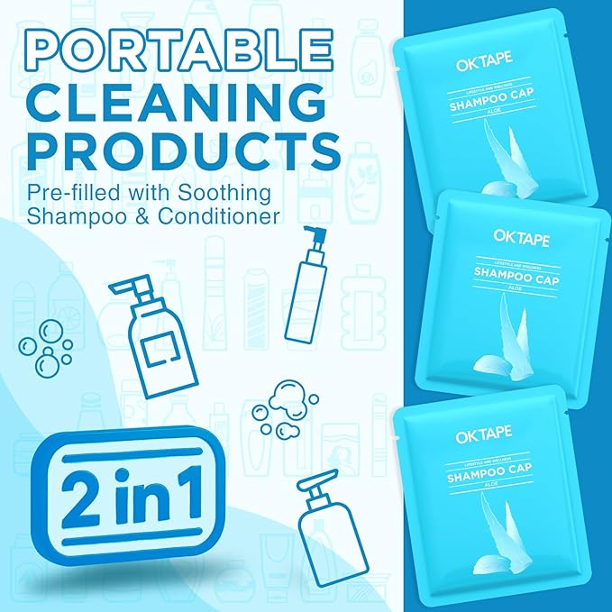 OK TAPE No Water Shampoo Cap (6 Packs), Microwaveable Rinse Free for Bedridden Patients or Elderly, Waterless Shampoo and Condition Hair, Aloe Vera Fragrance