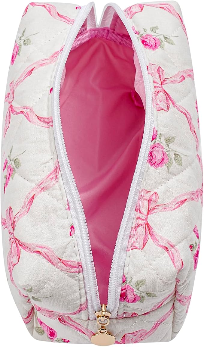 Makeup Bag Travel Cosmetic Bag for Women Girls, Zipper Make Up Pouch, Floral Flowers Toiletry Organizer Makeup, Portable Storage Bag, Cosmetic Travel Cloth Bag (2 Pack (L+S)/Pink Bowknot)