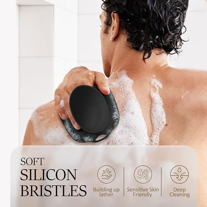 Silicone Back Scrubber for Shower, Detachable Long Handle Body Scrub Brush, Shower Brush for Shower Exfoliating and Message, Dual Purpose Overall Cleaning - Black