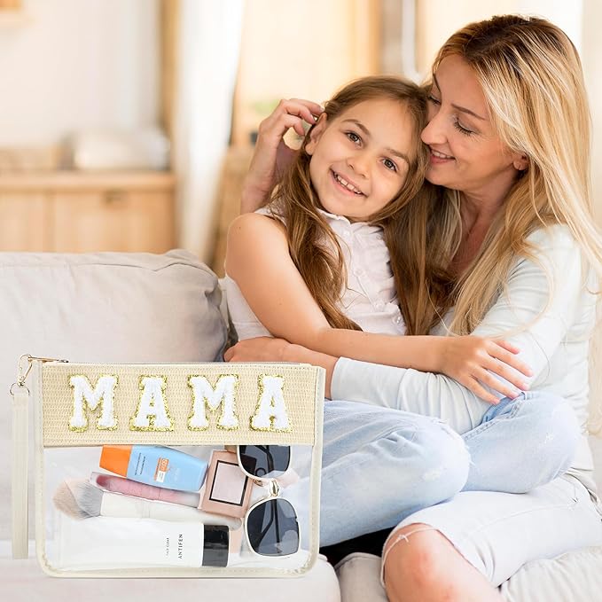 Mama Bag Mother Gifts Mama Chenille Letter Clear Makeup Bag Pouch Clear Zipper Pouch with Wristlet Travel Cosmetic Bag Graduation Retirement Mama Gifts for Women
