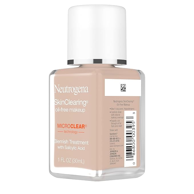 Neutrogena SkinClearing Oil-Free Acne and Blemish Fighting Liquid Foundation with.5% Salicylic Acid Acne Medicine, Shine Controlling Makeup for Acne Prone Skin, 20 Natural Ivory, 1 fl. oz