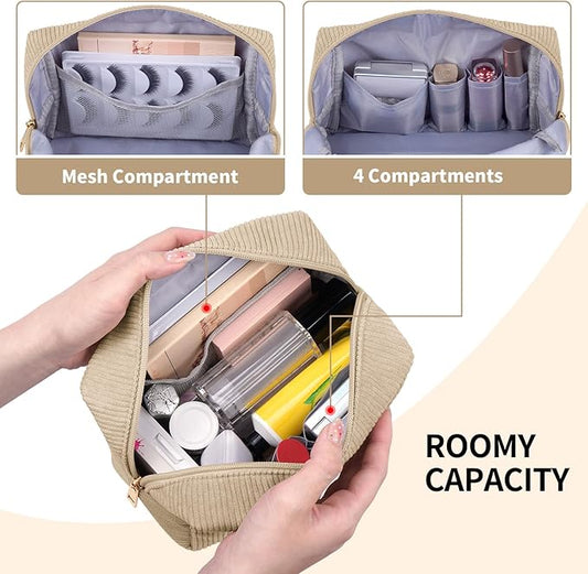MAGEFY Corduroy Makeup Bag Small Makeup Bag for Purse with Compartments Cute Makeup Pouch Cosmetic Bag for Women Friends Preppy Gifts (Beige, STUFF)