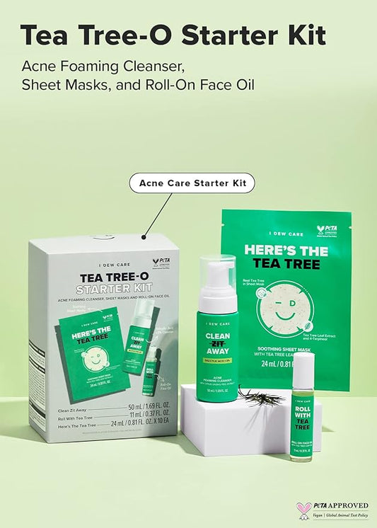 I Dew Care Tea Tree Skincare Set - Tea Tree-O Starter Kit | Salicylic Acid & Tea Tree Oil, Acne Care Treatment, Cleanser, Sheet Masks, and Roll-On Face Oil, Travel Size, TSA Friendly Size