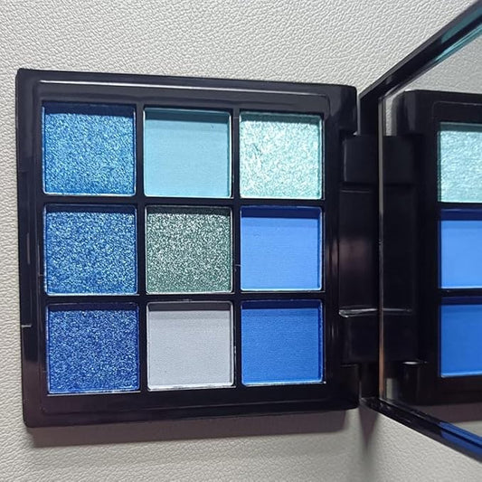 9 Colors Blue Smoky Matte Shimmer Eyeshadow Palette with Mirror for Eye Makeup,High Pigmented Eye Shadow Primers Powder Palet de sombras de ojos