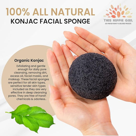 This Hippie Girl | Konjac Exfoliating Organic Facial Sponge | Plant Based Gentle Exfoliating Face Scrubbie | Acne Control Sponge | Charcoal Black (Black)
