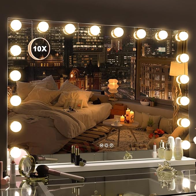 Misavanity Large Vanity Mirror with Lights Tempered Glass 31.4’’ x 23.4’’ Hollywood Lighted Makeup Mirror with 18 Dimmable Bulbs USB Charging Port 10X Magnification 3 Lighting Modes, White