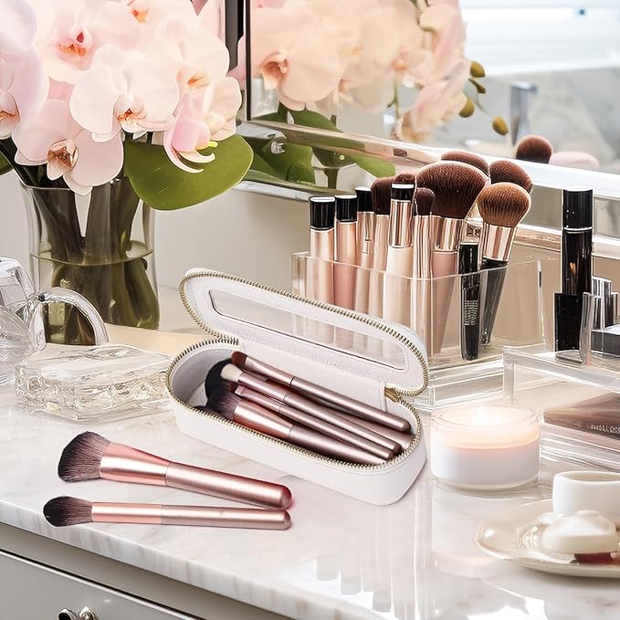 Makeup Brush Case Clear Travel Cosmetic & Toiletry Bag Slim Makeup Bag with Zipper Small Purse Organizer Car Essential Bag for Women (White, SLIM-3)