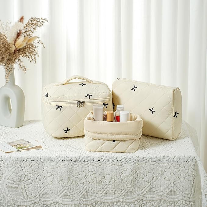 3pcs Large Cotton Quilted Makeup Bag Set,Coquette Aesthetic Cute Travel Toiletry Bag,Drawstring Gift Bag for Women and Girls(3Pcs Beige Bow)