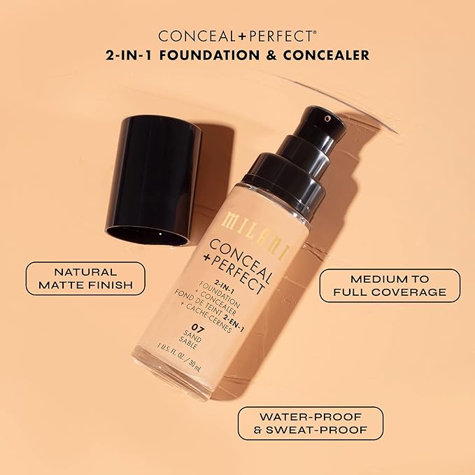 Milani Conceal + Perfect Liquid Foundation - Warm Sand (1 Fl. Oz.), Cruelty-Free, Water-Resistant, Full Coverage, Long-Lasting, 45 Shades
