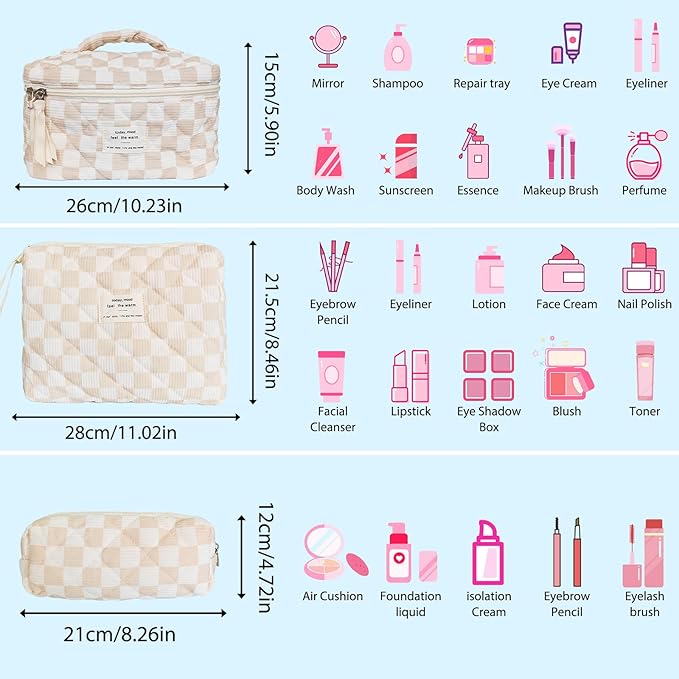 3 Piece Brown Checkered Corduroy Quilted Makeup Bag Set, Large Capacity Travel Makeup Bags for Women and Girls, Includes Small, Medium, and Large aesthetic makeup&Cosmetic Bags (3pcs-BrownCheckered)