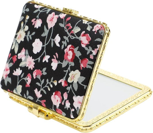 VOCOSTE Compact Mirror for Purses, Flower Pocket Square Mini, Floral Small for Purse, Vintage Folding Travel Portable for Women, Black