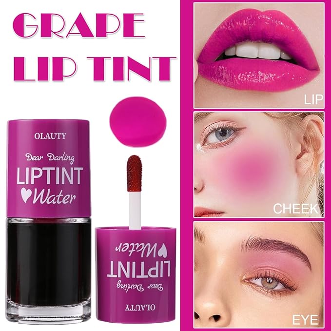 Water Lip Tint Red Grapefruit/Grape,korean Lip Tint Stain Natural Moisturizing& Non-sticky,Lip/Eye/Cheek 3 in 1 Lip Gloss，Smudge-proof & Lightweight,Vivid Color