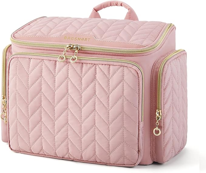 BAGSMART Travel Toiletry Bag, Large Wide-open Travel Bag for Toiletries, Makeup Cosmetic Travel Bag with Handle-Pink