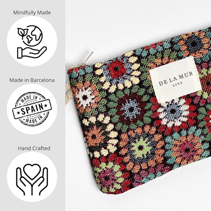 Medium Floral Travel Size Toiletries Makeup Pouch – Elegant Travel Cosmetic Bag, Toiletry Organizer & Coin Purse for Women, Ideal Gift for Her, Zippered Makeup Bag, Made in Barcelona