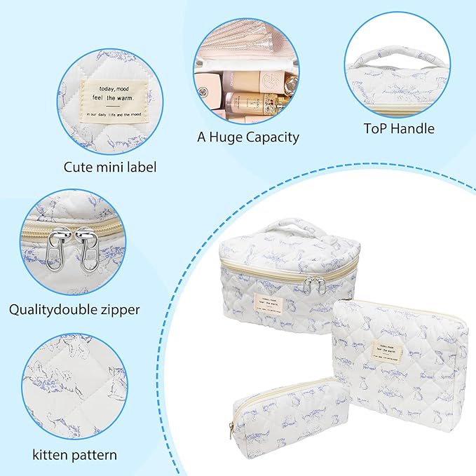 3 Piece Blue Quilted Makeup Bag, Large Capacity Travel Cosmetic Bag for Women and Girls, Aesthetic Storage for Daily and Travel Use (3pcs-BlueCatAnimal)