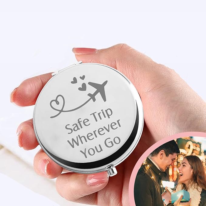 CHOORO Safe Travels Pocket Mirror Safe Trip Wherever You Go Airplane Wanderlust Gift for Traveler/Flight Attendant (Safe Trip-M)