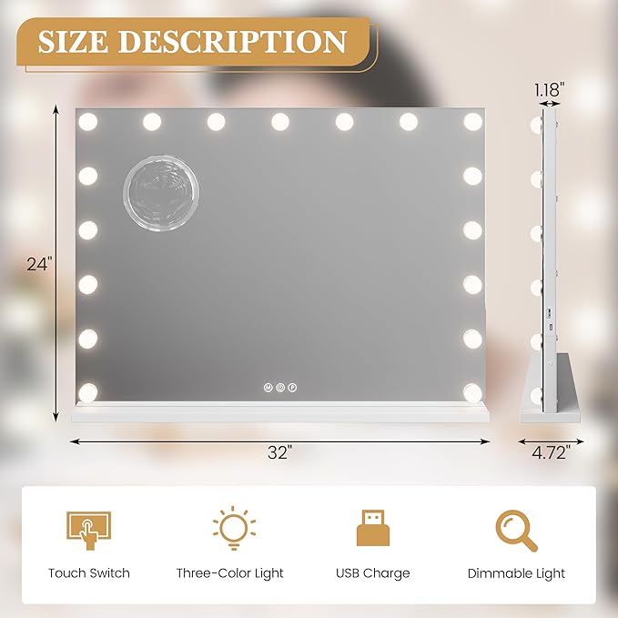 Makeup Mirror with Lights, Multifunctional Desktop Vanity Mirror with 17 Dimmable LED Lights and 3 Lighting Modes, 3x Magnification, Smart Touch Controls, Desktop or Wall Mount, Dressing Room/Bedroom