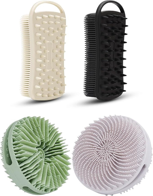 4 PC Silicone Exfoliating Body Scrubber, Silicone Body Shampoo Brush, Soft Silicone Loofah for Sensitive Skin, Shower Silicone Hair Scalp Massager, Easy to Clean, Lather Well