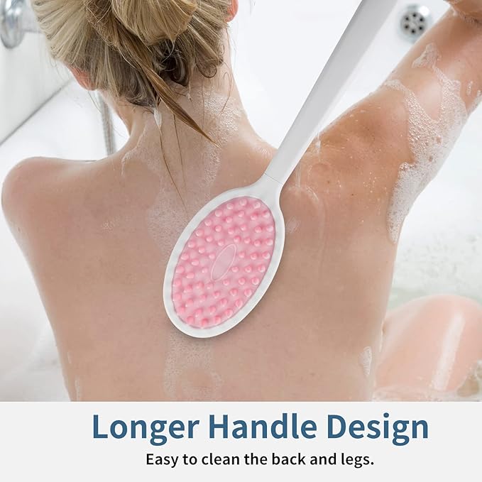 2-in-1 Silicone Body Brush with Detachable Long Handle, Double-Sided Back Scrubber for Bath with Hook, Rich Foam for Deep Cleansing and Exfoliating (Pink/Tip)