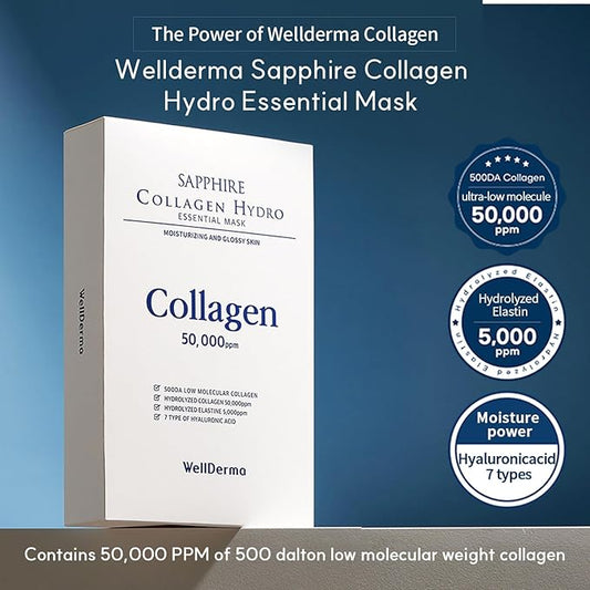 WELLDERMA Sapphire Collagen Hydro Essential Mask, 10 Sheets – Moisturizing & Soothing Sheet Mask with Collagen & Ceramide, 1.01 fl.oz (30mL) x 10ea
