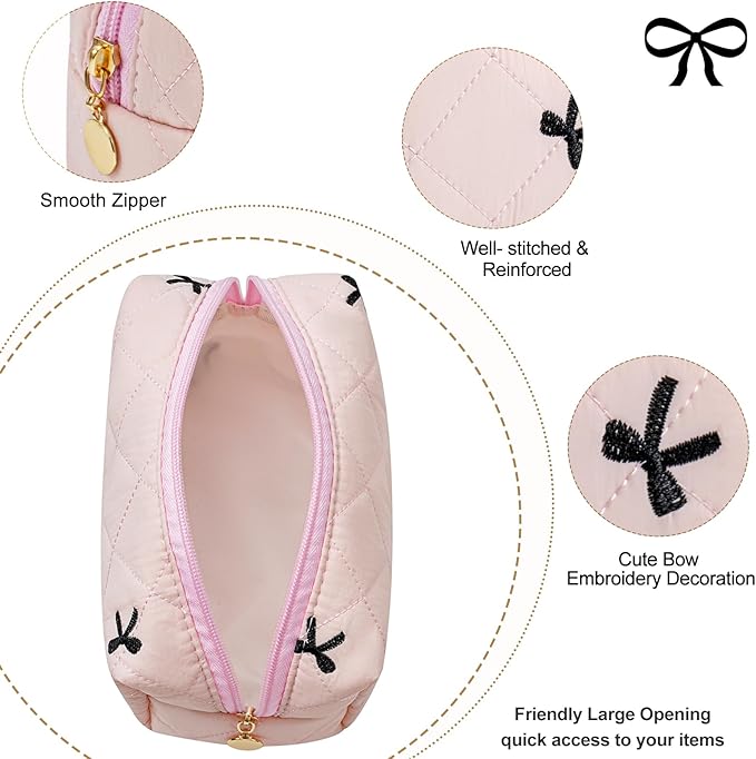 Gleyemor Small Quilted Makeup Bag for Women, Cute Floral Bow Cosmetic Bag, Emergency Bag Travel Toiletry Cotton Pouch Gifts for Girls Her Mom Friend Sister Bridesmaid (Pink&Black Bow)