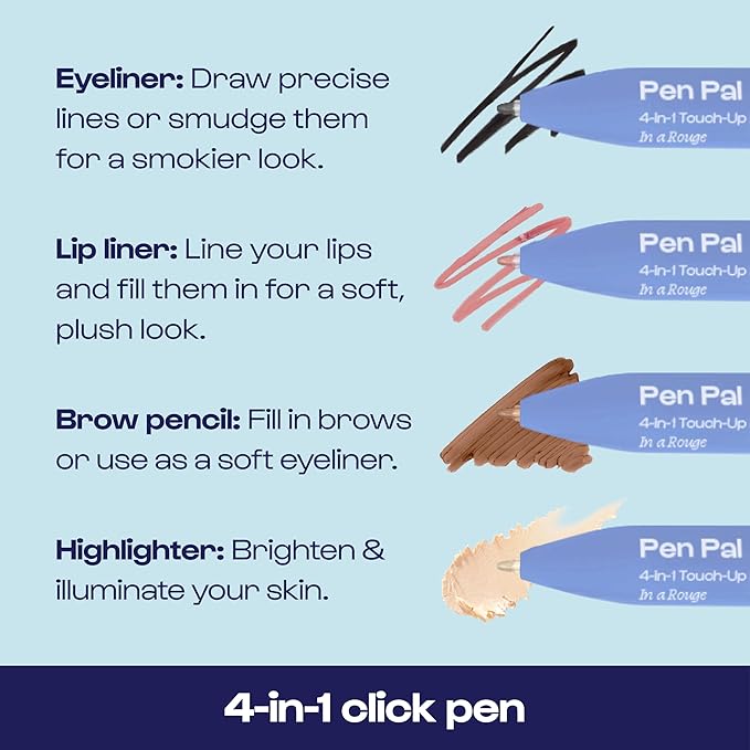 Alleyoop Pen Pal 4-in-1 Makeup Pen – Comes with Eyeliner, Lip Liner, Highlighter Makeup & Eyebrow Pencils for Women – Portable, Touch-Up On the Go – Cruelty-Free, Vegan (In A Rouge (Light))