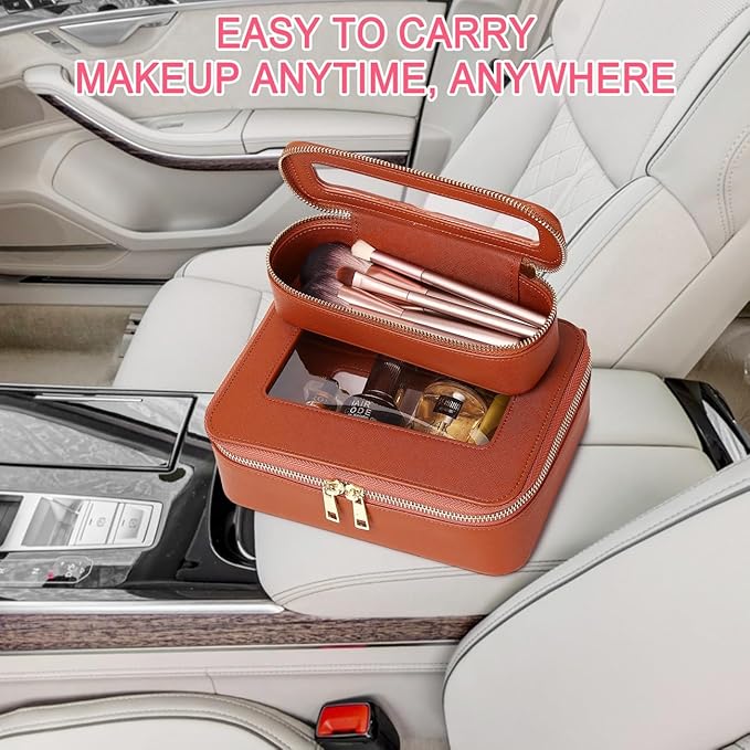 Makeup Brush Case Clear Travel Cosmetic & Toiletry Bag Slim Makeup Bag with Zipper Small Purse Organizer Car Essential Bag for Women (X/Brown, SLIM-3)