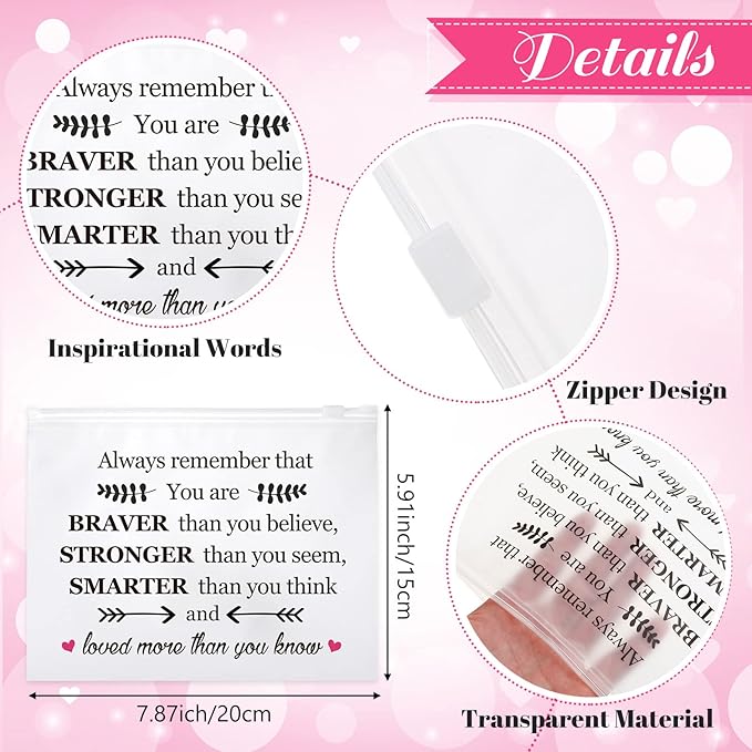 100 Pcs Inspirational Gifts for Girls Women Travel Cheer Makeup Bag Bulk Loved Quotes Cosmetic Bags with Zipper Thank You Encouragement Birthday Gift Bag for Nurse Teacher Friend (You Are Braver)