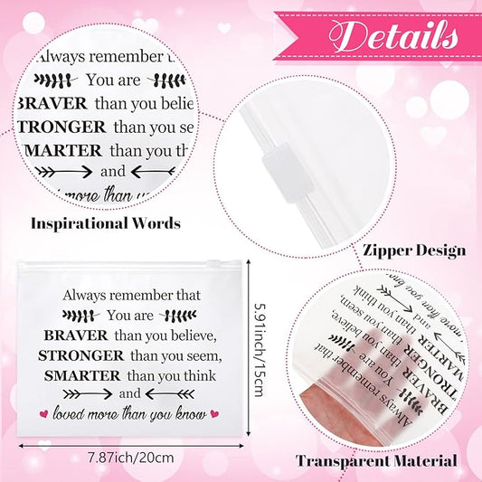 100 Pcs Inspirational Gifts for Girls Women Travel Cheer Makeup Bag Bulk Loved Quotes Cosmetic Bags with Zipper Thank You Encouragement Birthday Gift Bag for Nurse Teacher Friend (You Are Braver)