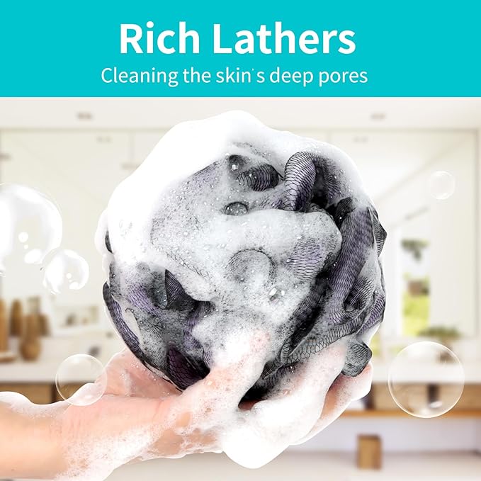 Bath Loofah Shower Sponge Body Back Scrubber Soft Mesh Shower Puffs Exfoliating Loofa for Women & Men Bath Accessories Cleaning Tool (Pack of 4 60G Loofah, Dark Elf)