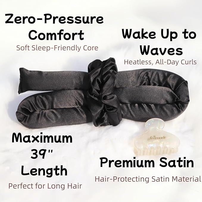 Serenade Satin Heatless Curls Overnight for Long Hair, Heatless Hair curler for Women and Girls, No Heat Curling Rods with Satin Scrunchies and Clip, Black