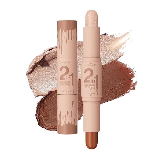 Dual-Ended Cream Contour Stick - Long-Lasting, Waterproof, Face Contour Makeup for All Skin Tones Highlighter Stick Easy to Blend, Achieve a Flawless Look (#04 Pearl White+Dark Brown, A)