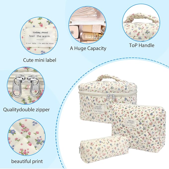 3 Piece Floral Corduroy Quilted Makeup Bag Set, Large Capacity Travel Makeup Bags for Women and Girls, Includes Small, Medium, and Large aesthetic makeup&Cosmetic Bags