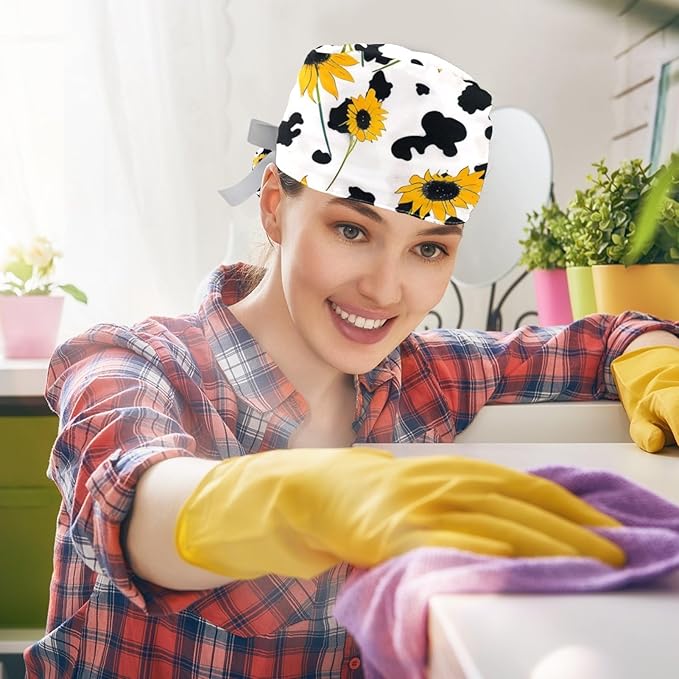 2 PCS Bouffant Cap with Button Ponytail Pouch Working Cap Sweatband Adjustable Surgical Cap Black and White Cow