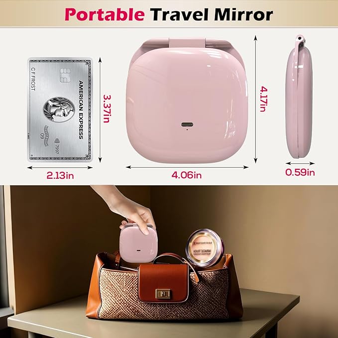 Adjustable Brightness Compact Mirror, Lighted Travel Mirror with 1X/10X Magnifying,Double Sided,Mini Dimmable Portable for Handbag and Pocket, USB C Charging,for Girls Women(Pink)