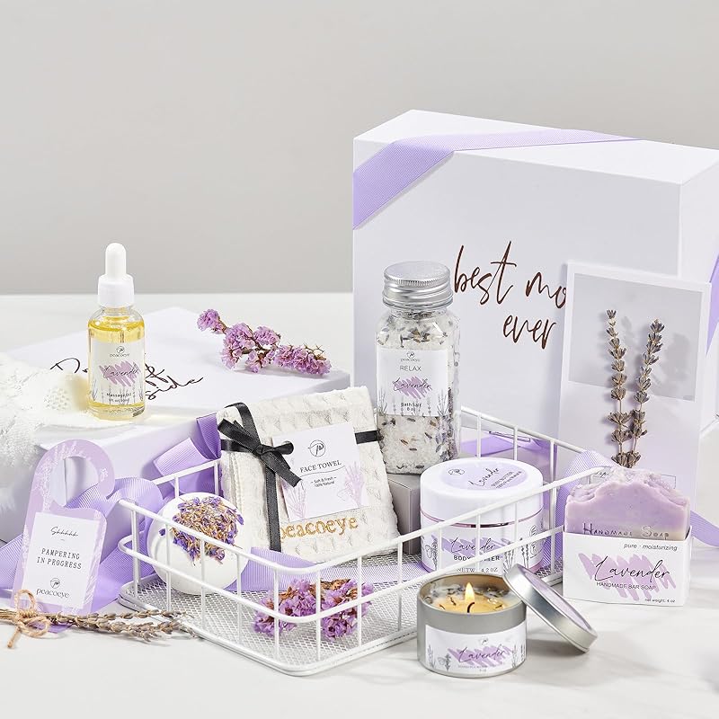 Birthday Gifts for Mom Mothers Day Gifts Women Spa Lavender Bath Gift Baskets Relaxing Self Care for Best Mother Wife Home Bath Kit Care Package Gift Ideas Thank You mom from Daughter Son