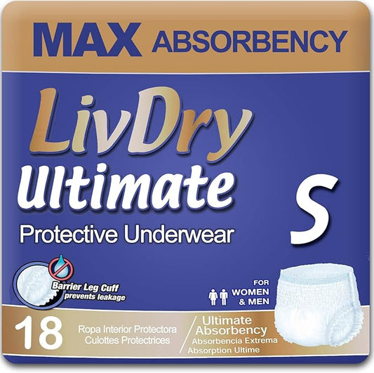 LivDry Ultimate Adult Incontinence Underwear, High Absorbency, Leak Cuff Protection, Small, 18-Pack