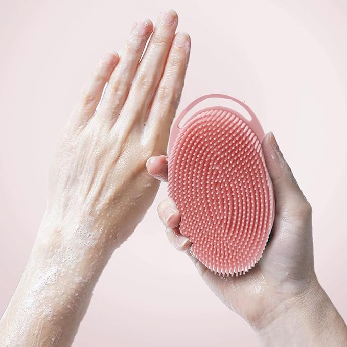 1 Pcs Silicone Bath Brush, Dual-Sided Massage Shower Brush, Suitable for Scrubbing, Suit for Kids & Adults, Household Soft Silicone Bathing Tool, Gentle & Non-Irritating (Pink)